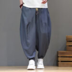Buddha Stones Summer Casual Vintage Drawstring Solid Cotton Cropped Pants Men's Harem Pants With Pocket