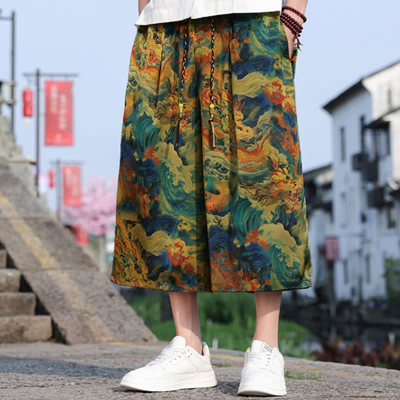 Buddha Stones Summer Vintage Casual Drawstring Crane Print Men's Cropped Pants With Pocket