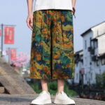 Buddha Stones Summer Vintage Casual Drawstring Crane Print Men's Cropped Pants With Pocket