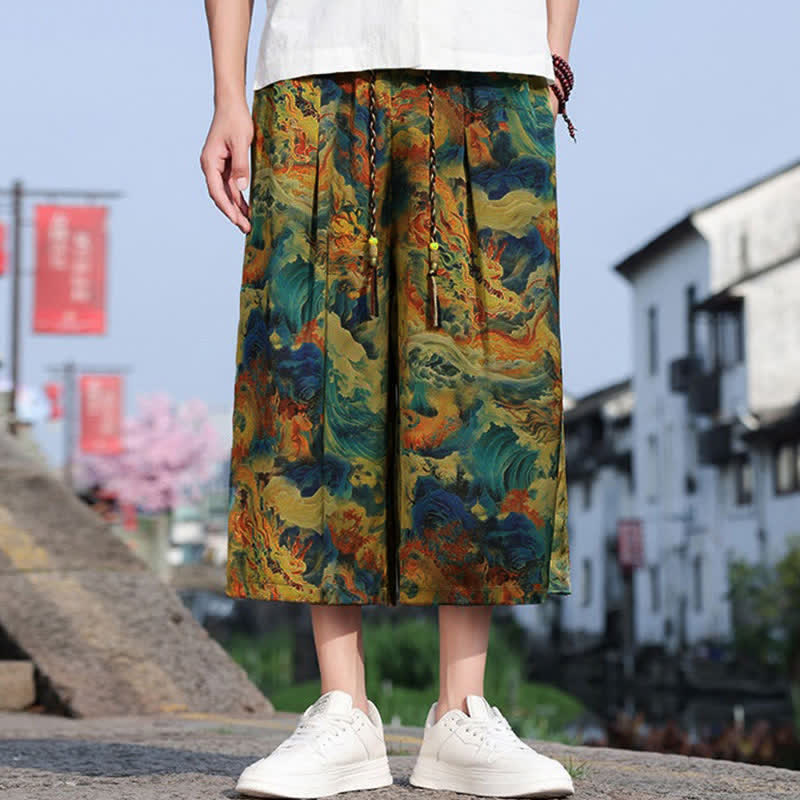 Buddha Stones Summer Vintage Casual Drawstring Crane Print Men's Cropped Pants With Pocket