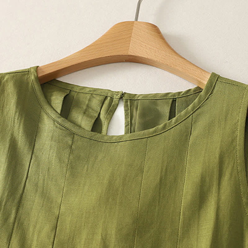 Buddha Stones Summer Elegant Pleated Solid Tank Top Vertical Seam Women's Sleeveless T-shirts