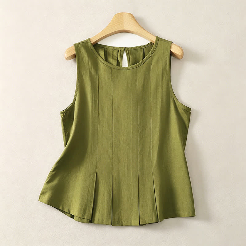 Buddha Stones Summer Elegant Pleated Solid Tank Top Vertical Seam Women's Sleeveless T-shirts