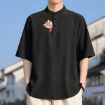 Buddha Stones Summer Tang Style Mandarin Collar Embroidery Solid Men's Short Sleeve Shirts