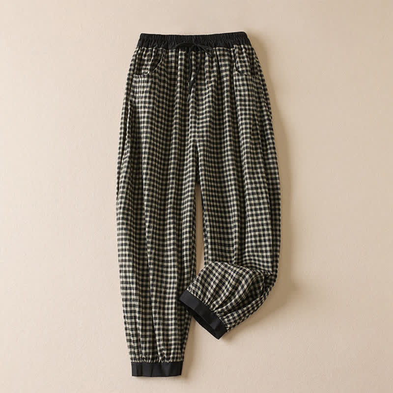 Buddha Stones Summer Casual Minimalist Plaid Drawstring Cropped Pants Women's Harem Pants With Pocket
