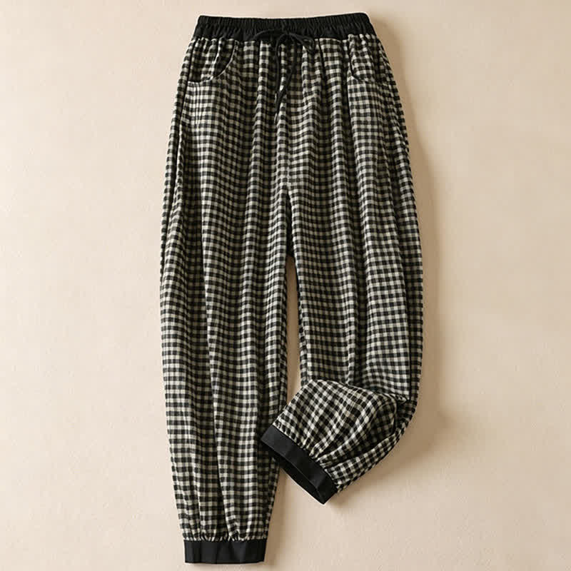 Buddha Stones Summer Casual Minimalist Plaid Drawstring Cropped Pants Women's Harem Pants With Pocket