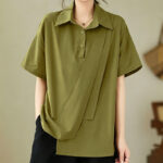 Buddha Stones Summer Casual Minimalist Button-up Solid Asymmetric Layered Design Women's Short Sleeve Shirts