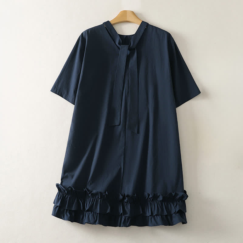 Buddha Stones Summer Casual Elegant Tie Neck Solid Ruffled Hem Women's Short Sleeve Dress