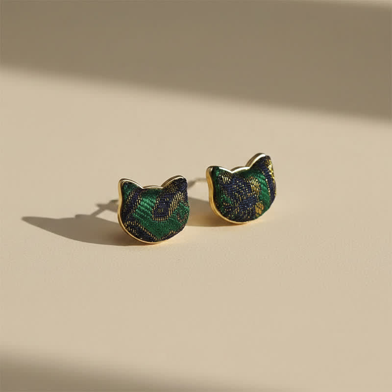 Buddha Stones Handmade Song Brocade Cat Blessing Chinese Vintage Earrings