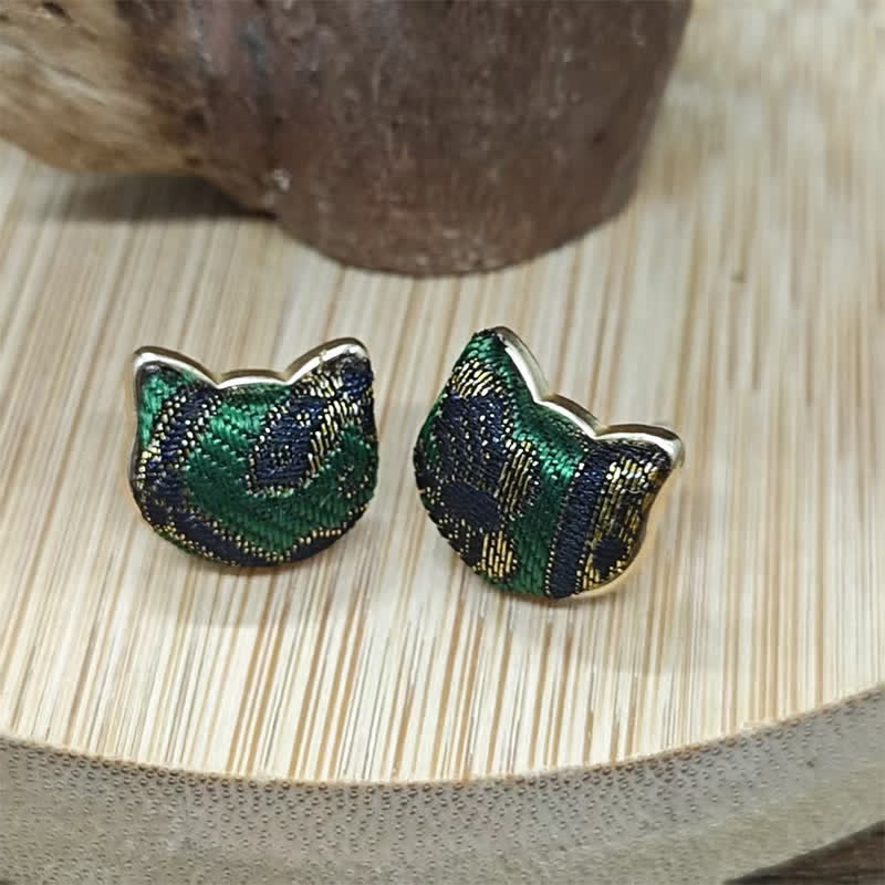 Buddha Stones Handmade Song Brocade Cat Blessing Chinese Vintage Earrings