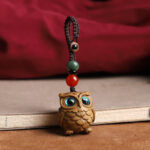Buddha Stones Green Sandalwood Owl Serenity Hand Carved Braided Keychains
