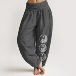 Buddha Stones Pure Cotton Yin Yang Pattern Women's Elastic Waist Harem Pants