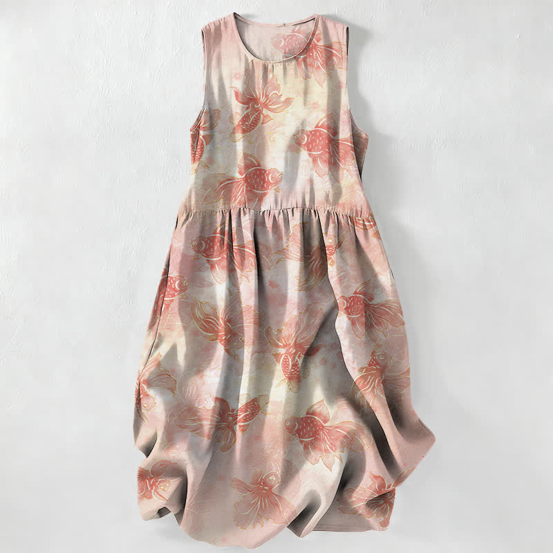 Buddha Stones Summer Casual Goldfish Koi Fish Pattern Women's Summer Sleeveless Midi Dress With Pockets