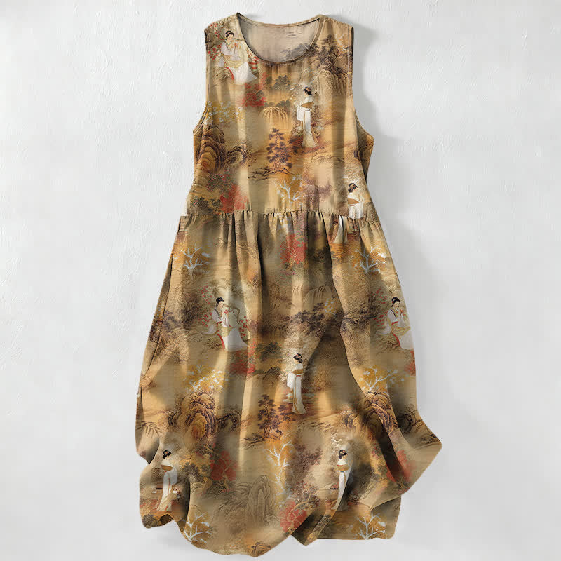 Buddha Stones Summer Casual Oriental Ladies Landscape Pattern Women's Summer Sleeveless Midi Dress With Pockets