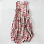 Buddha Stones Summer Casual Large Petals Leaves Pattern Women's Summer Sleeveless Midi Dress With Pockets