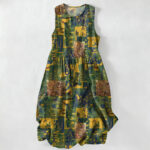 Buddha Stones Summer Casual Abstract Patchwork Geometric Pattern Women's Summer Sleeveless Midi Dress With Pockets