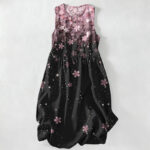 Buddha Stones Summer Casual Cherry Blossom Starlight Pattern Women's Summer Sleeveless Midi Dress With Pockets