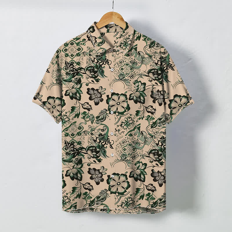 Buddha Stones Tropical Floral Leaf Pattern Buttons Wrinkle-resistant Men's Short Sleeve Shirt
