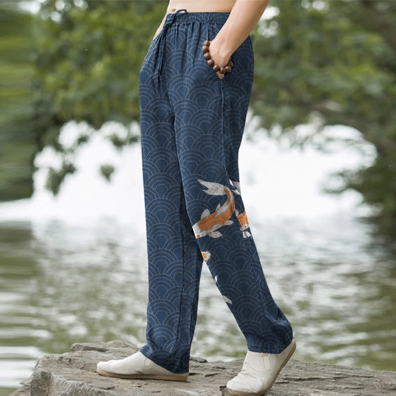 Buddha Stones Cotton Koi Fish Wave Pattern Men's Tapered Pants With Pockets