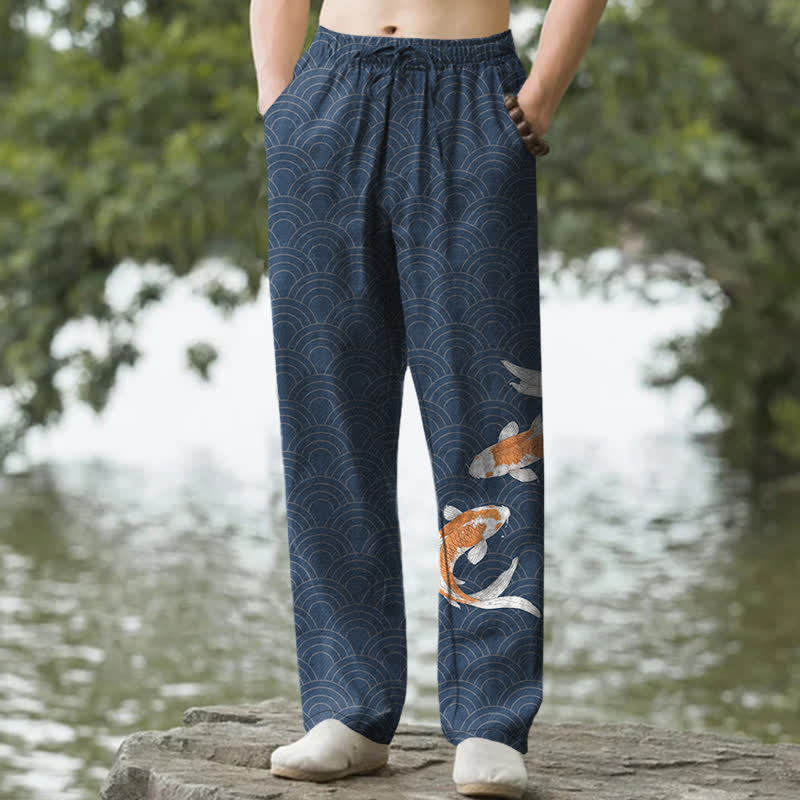 Buddha Stones Cotton Koi Fish Wave Pattern Men's Tapered Pants With Pockets