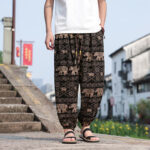 Buddha Stones Summer Boho Casual Drawstring Elephant Tree Print Cropped Pants Men's Harem Pants With Pockets