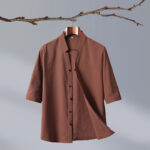 Buddha Stones Summer Tang Style Mandarin Collar Button-Up Solid Cotton Men's Short Sleeve Shirts
