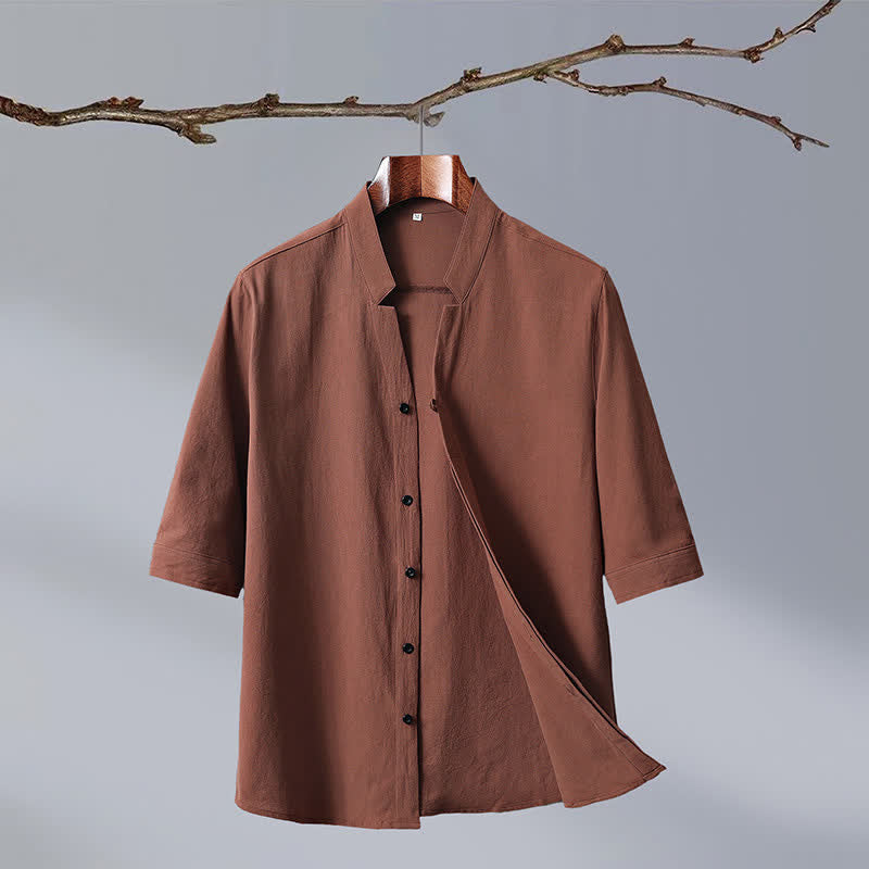 Buddha Stones Summer Tang Style Mandarin Collar Button-Up Solid Cotton Men's Short Sleeve Shirts