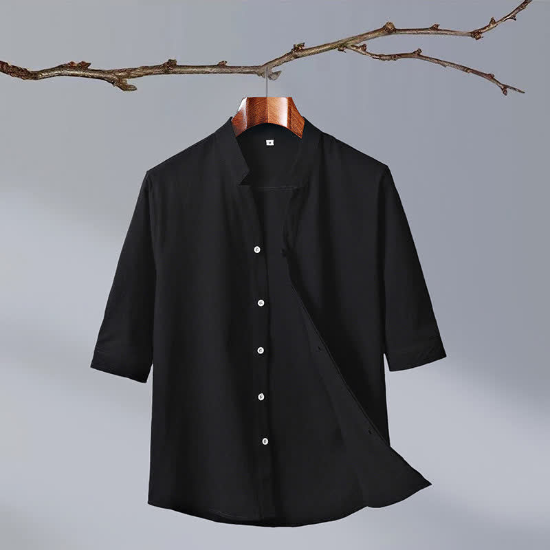 Buddha Stones Summer Tang Style Mandarin Collar Button-Up Solid Cotton Men's Short Sleeve Shirts