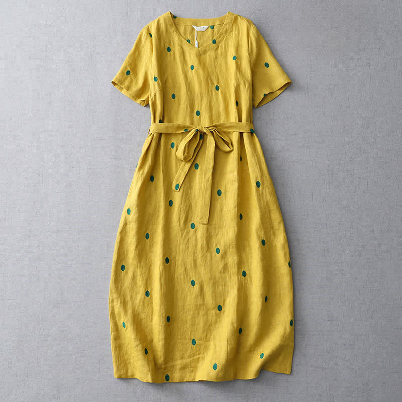 Buddha Stones Summer Casual Boho Drawstring Abstract Polka Dots Women's Short Sleeve Dress With Pocket