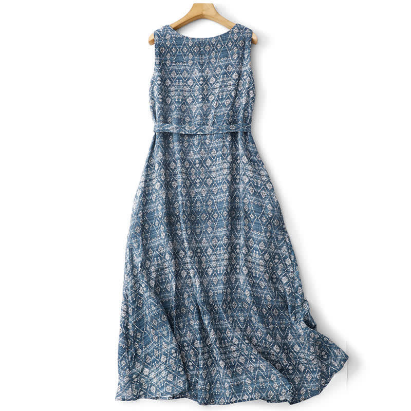 Buddha Stones Summer Boho Drawstring Blue Geometric Women's Summer Sleeveless Dress With Pockets