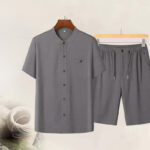 Buddha Stones Summer Casual Mandarin Collar Solid Short Sleeve Shirt Drawstring Pants Men's Matching Sets With Pockets