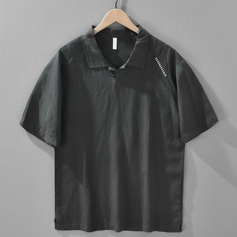 Buddha Stones Summer Casual Minimalist Side Slit Solid Lapel Collar Men's Short Sleeve Shirts