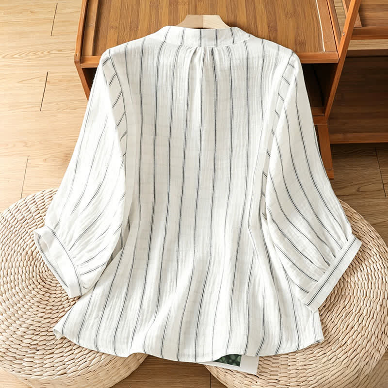 Buddha Stones Summer Casual Minimalist Button-Up Striped Women's Short Sleeve Shirts