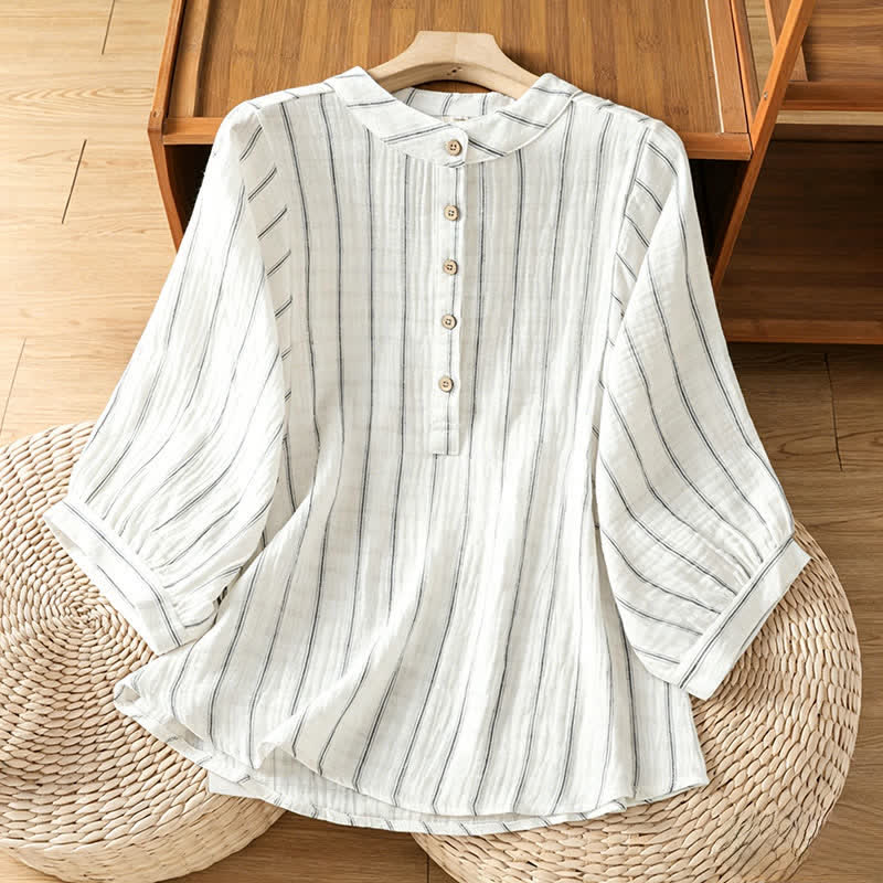 Buddha Stones Summer Casual Minimalist Button-Up Striped Women's Short Sleeve Shirts