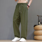 Buddha Stones Summer Casual Vintage Drawstring Solid Cotton Ankle Pants Men's Harem Pants With Pocket