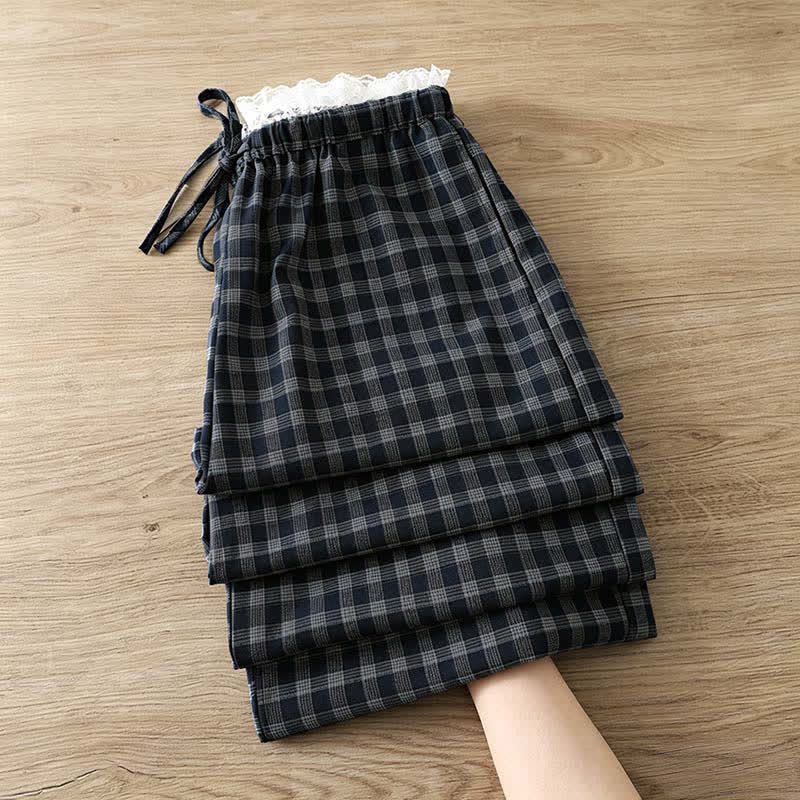 Buddha Stones Summer Casual Vintage Drawstring Plaid Lace Trim Cotton Long Pants Women's Wide Leg Pants With Pockets