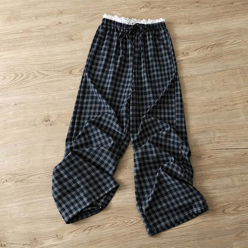 Buddha Stones Summer Casual Vintage Drawstring Plaid Lace Trim Cotton Long Pants Women's Wide Leg Pants With Pockets