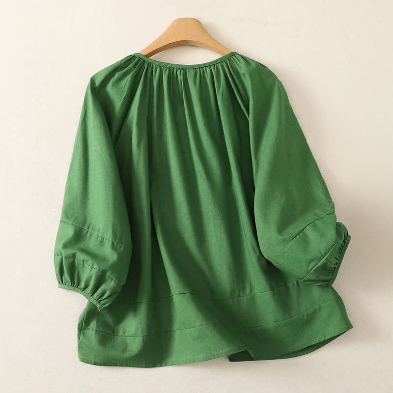 Buddha Stones Summer Boho Drawstring Crew Neck Solid Women's Long Sleeve Shirt