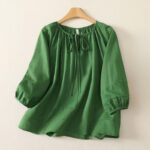 Buddha Stones Summer Boho Drawstring Crew Neck Solid Women's Long Sleeve Shirt