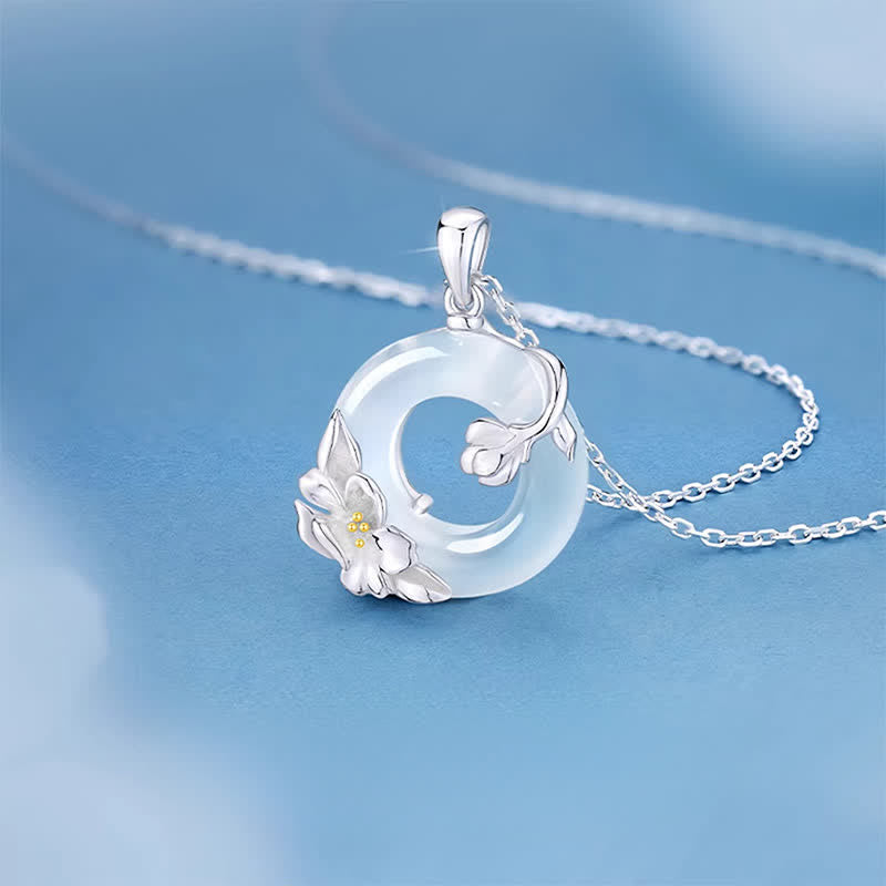 Buddha Stones White Chalcedony Camellia Peace Buckle Purity Necklace