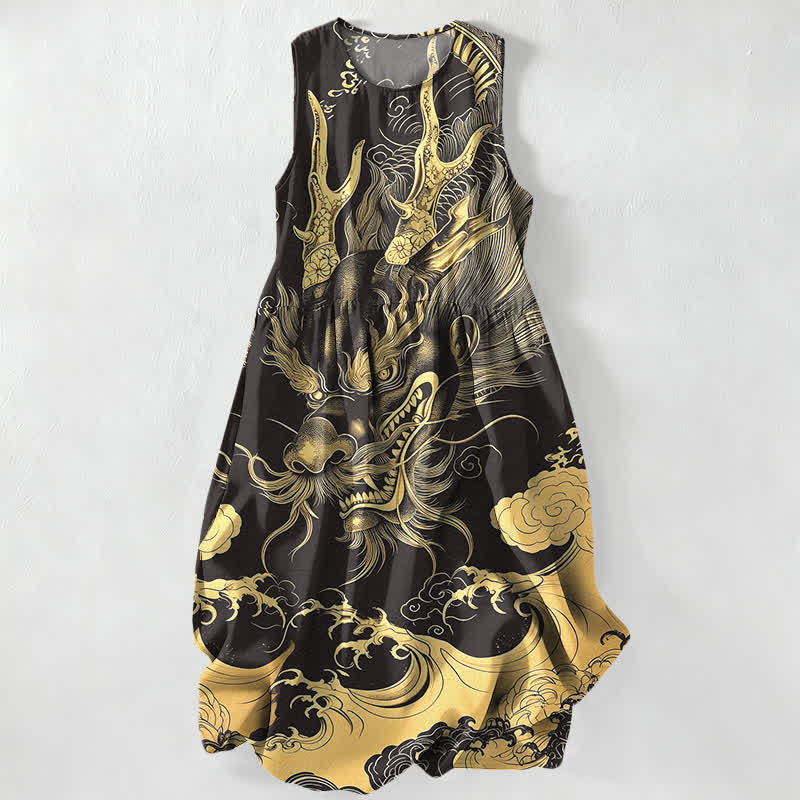 Buddha Stones Summer Casual Oriental Dragon Cloud Pattern Women's Summer Sleeveless Midi Dress With Pockets