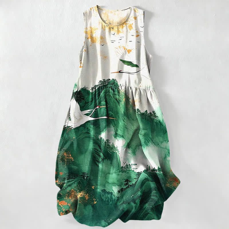 Buddha Stones Summer Casual Ink Landscape Cranes Pattern Women's Summer Sleeveless Midi Dress With Pockets