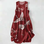 Buddha Stones Summer Casual Crane Blossom Pattern Women's Summer Sleeveless Midi Dress With Pockets