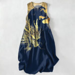 Buddha Stones Summer Casual Golden Dragon Cloud Pattern Women's Summer Sleeveless Midi Dress With Pockets