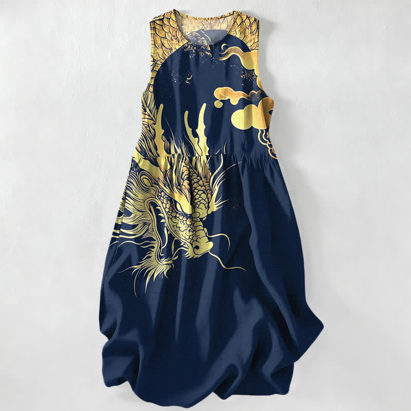 Buddha Stones Summer Casual Golden Dragon Cloud Pattern Women's Summer Sleeveless Midi Dress With Pockets