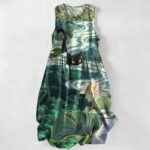 Buddha Stones Summer Casual Lotus Black Cat Pattern Women's Summer Sleeveless Midi Dress With Pockets