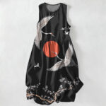 Buddha Stones Summer Casual Crane Red Sun Pattern Women's Summer Sleeveless Midi Dress With Pockets