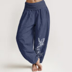 Buddha Stones Pure Cotton Butterfly Floral Pattern Women's Elastic Waist Harem Pants