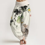 Buddha Stones Cotton Ink Cat Gourd Pattern Women's Elastic Waist Harem Pants