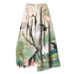 Buddha Stones Cotton Linen Crane Lotus Pattern Women's Elastic Waist Wide Leg Pants With Pockets
