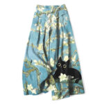 Buddha Stones Cotton Linen Blue Floral Cat Pattern Women's Elastic Waist Wide Leg Pants With Pockets